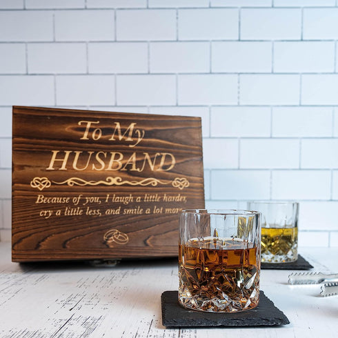 Anniversary Gift for Husband from Wife - Engraved 'to My Husband' Crystal Whiskey Glass Set